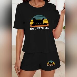 "Ew People" Black Cat Pajama Set Short Sleeve Top & Shorts Size XL EUC